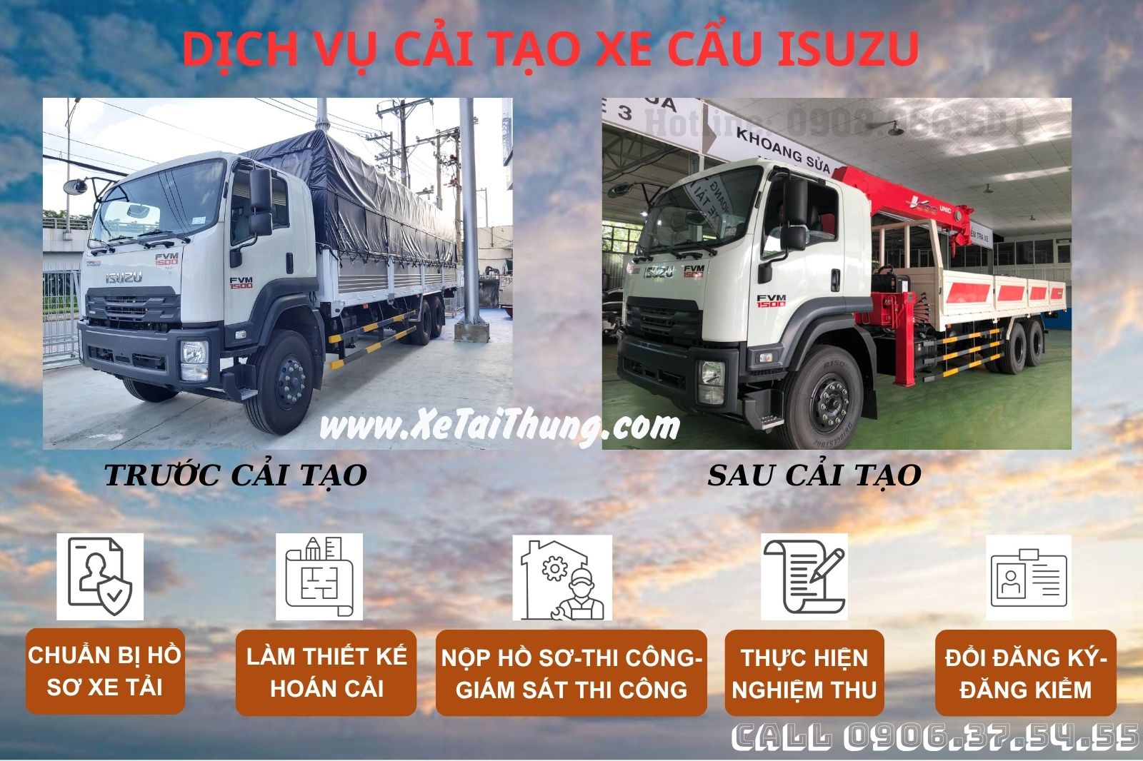 Cải Tạo Xe Tải Isuzu FVM 3 chân Thành Xe Tải Gắn Cẩu